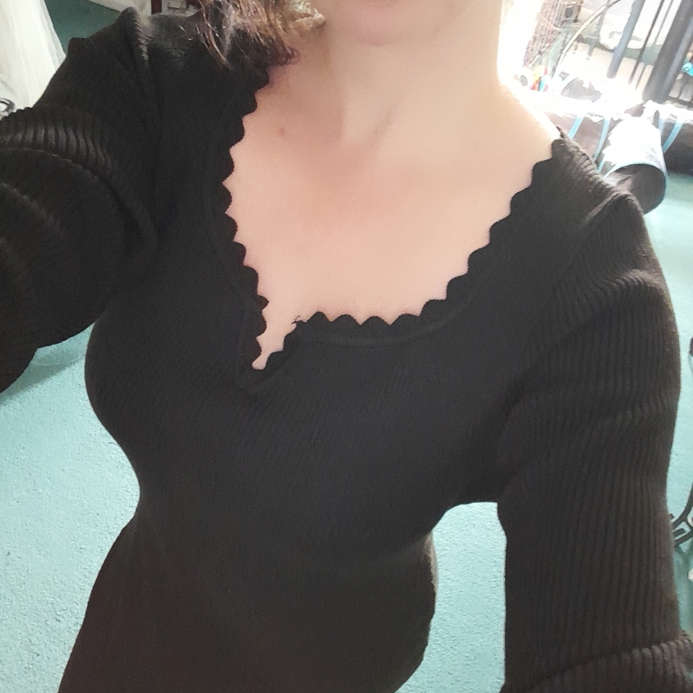 Black Scalloped V-Neck Sweater